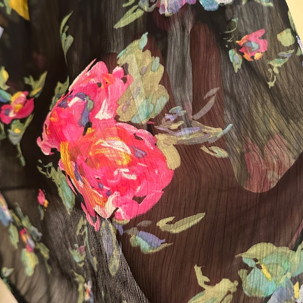 About A Girl Black Floral Sheer Blouse Size M Boho Peplum Tie Back 3/4 Sleeve - Picture 6 of 10